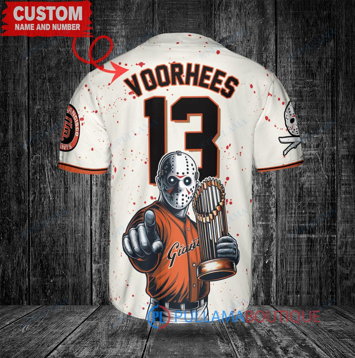 San Francisco Giants x Friday the 13th Jason Voorhees Halloween with World Series Trophy Custom Baseball Jersey Cream