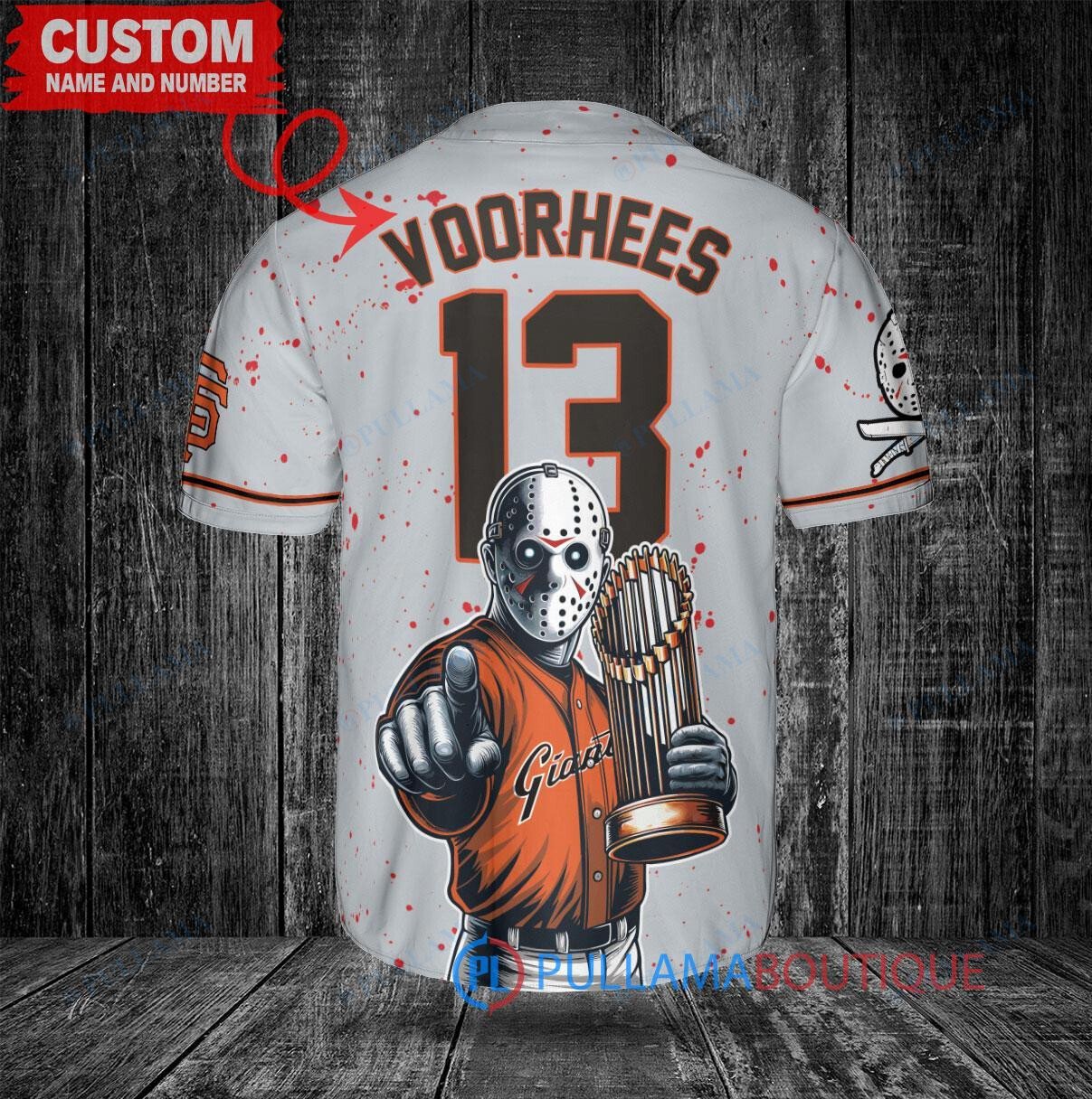San Francisco Giants x Friday the 13th Jason Voorhees Halloween with World Series Trophy Custom Baseball Jersey Gray