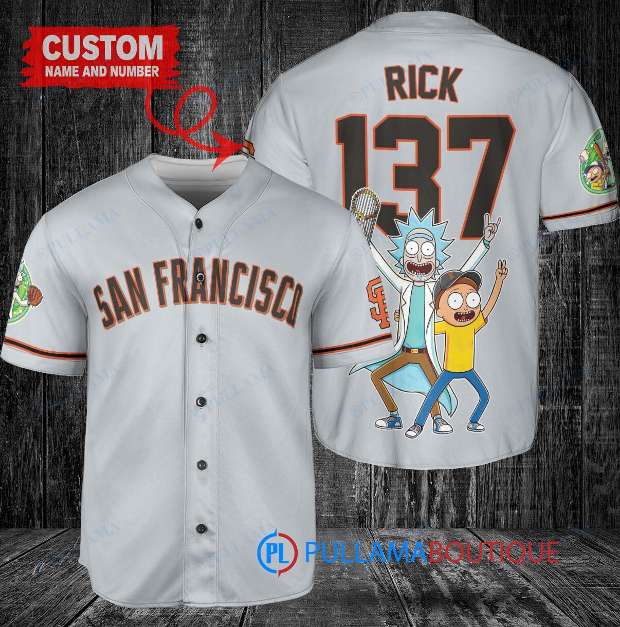 San Francisco Giants x Rick and Morty with Trophy Custom Baseball Jersey Gray