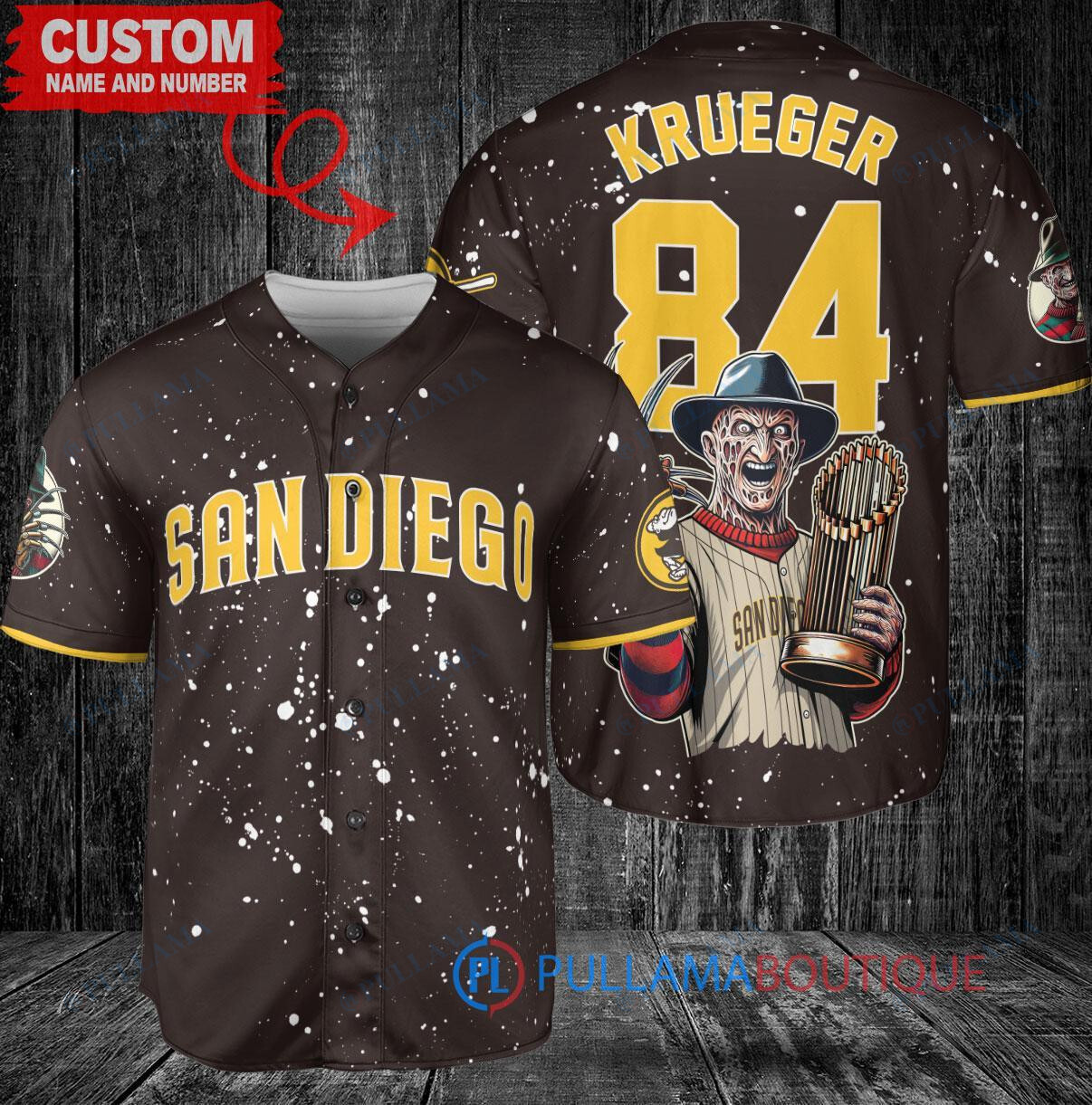 SD Padres Freddy Krueger Halloween World Series Trophy Baseball Jersey Brown