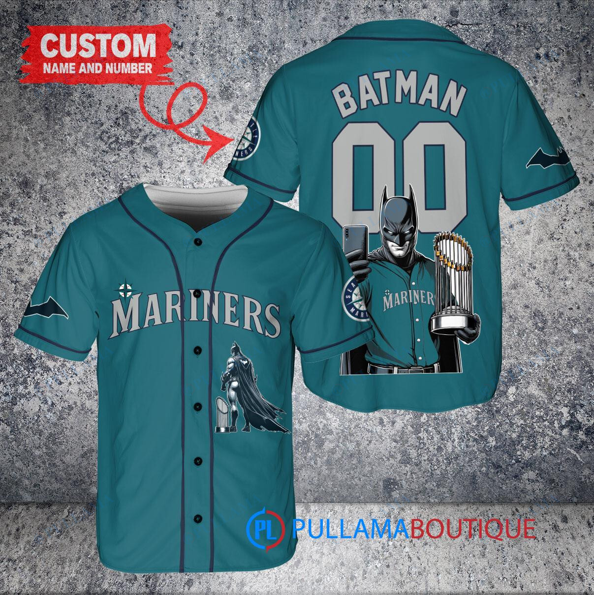 Seattle Mariners x DC Comics Batman The Dark Knight with Trophy Custom Baseball Jersey Aqua