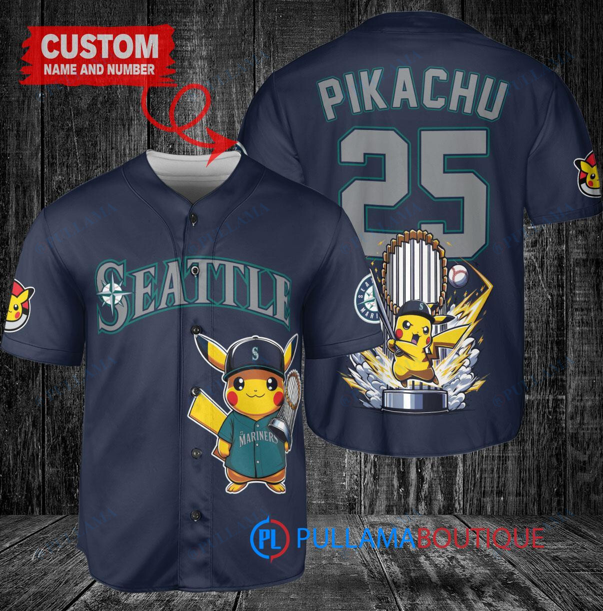 Seattle Mariners x Pikachu Pokemon with Trophy Custom Baseball Jersey Royal