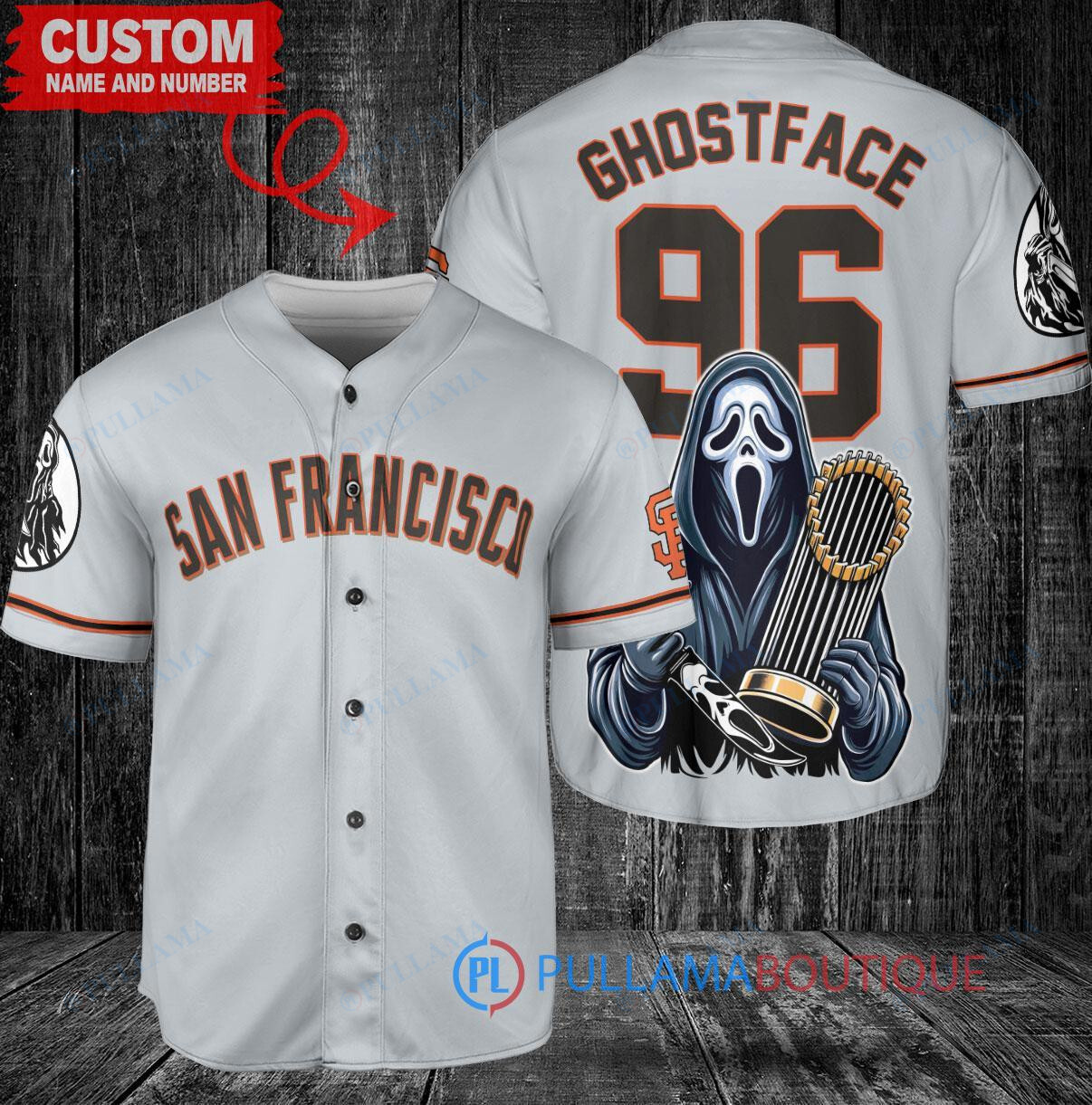 SF Giants Ghostface Scream Halloween World Series Trophy Baseball Jersey Gray