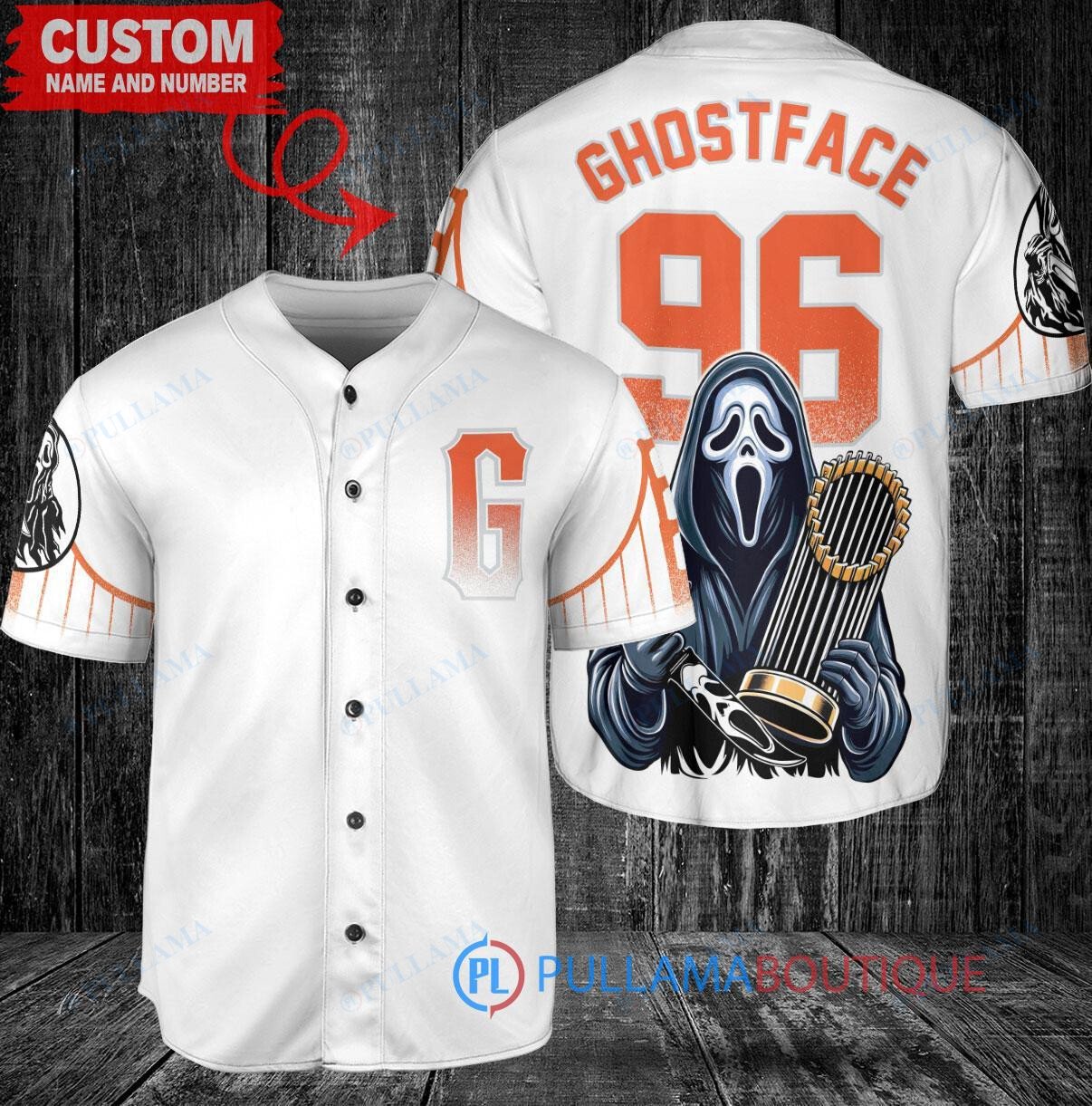 SF Giants Ghostface Scream Halloween World Series Trophy Baseball Jersey White