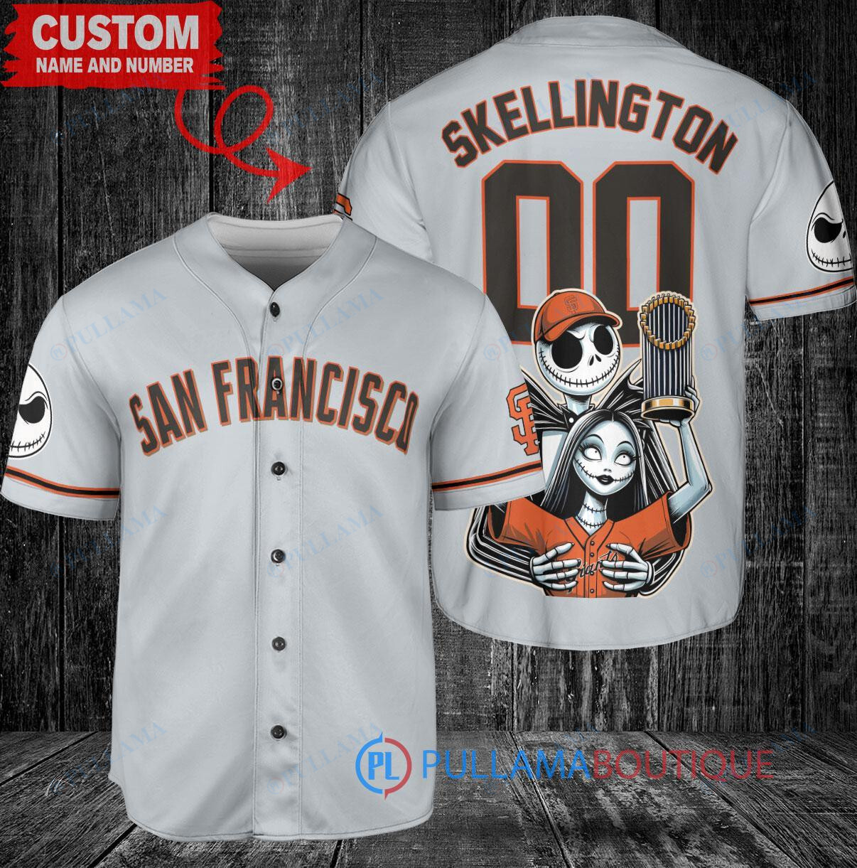 SF Giants Jack Skellington Sally World Series Trophy Baseball Jersey Gray