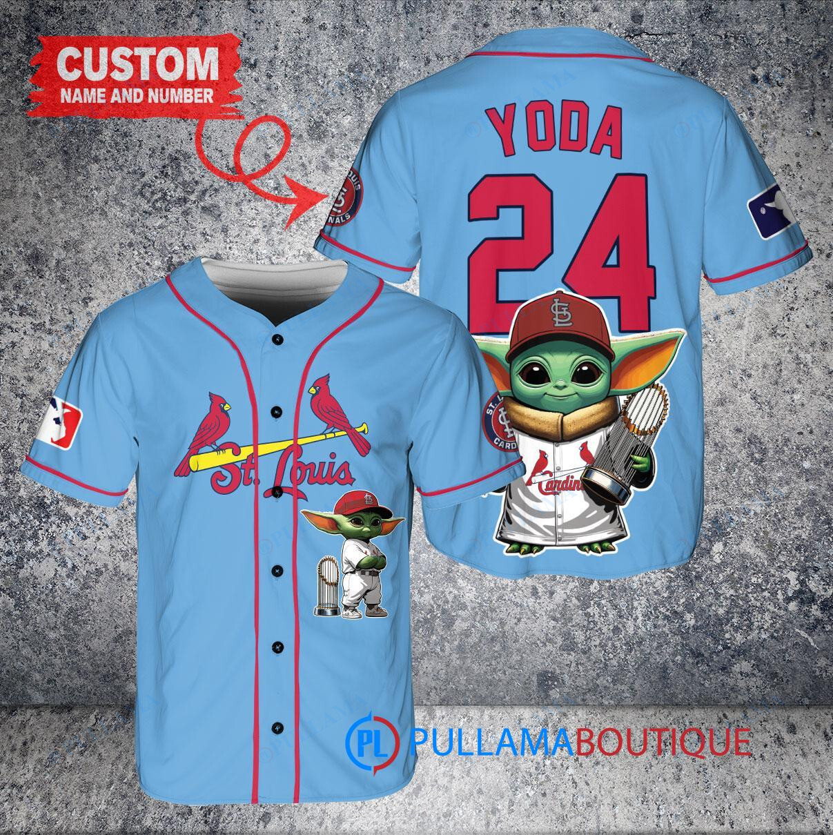 St. Louis Cardinals x Baby Yoda Star Wars The Mandalorian with Trophy Custom Baseball Jersey Light Blue