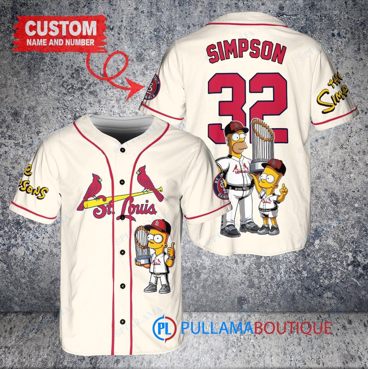 St. Louis Cardinals x The Simpsons Bart Simpson, Homer Simpson, Lisa Simpson with Trophy Custom Baseball Jersey Cream