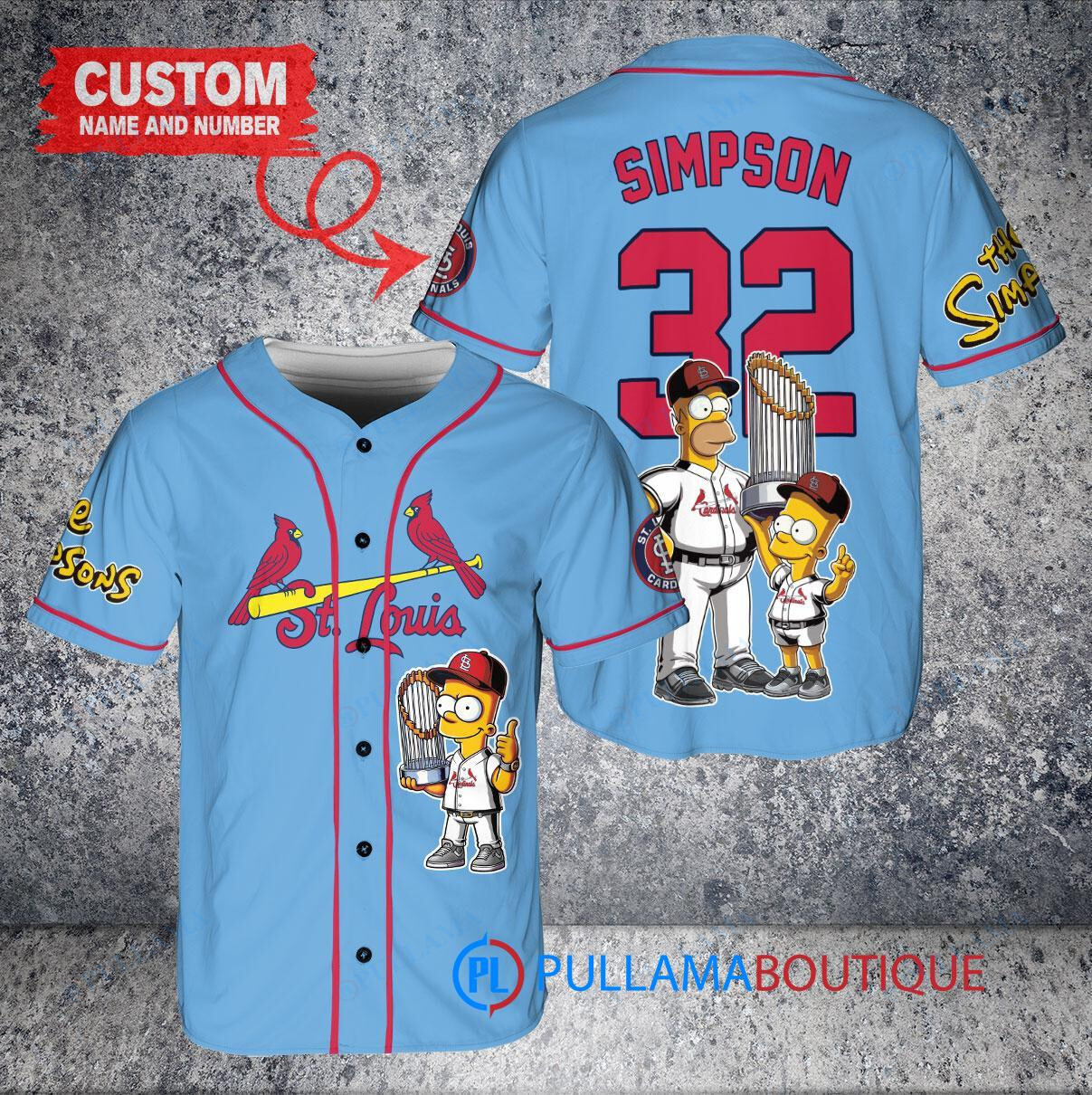 St. Louis Cardinals x The Simpsons Bart Simpson, Homer Simpson, Lisa Simpson with Trophy Custom Baseball Jersey Light Blue