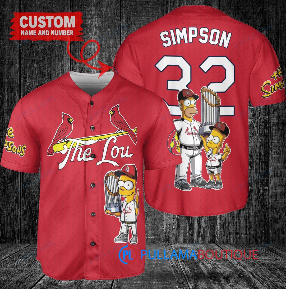 St. Louis Cardinals x The Simpsons Bart Simpson, Homer Simpson, Lisa Simpson with Trophy Custom Baseball Jersey Red City Connect