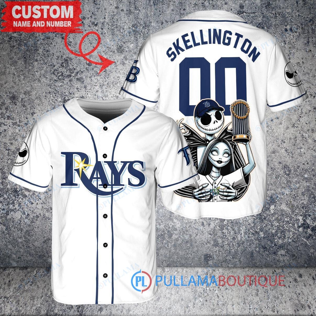 Tampa Bay Rays Jack Skellington Sally World Series Trophy Baseball Jersey White V2