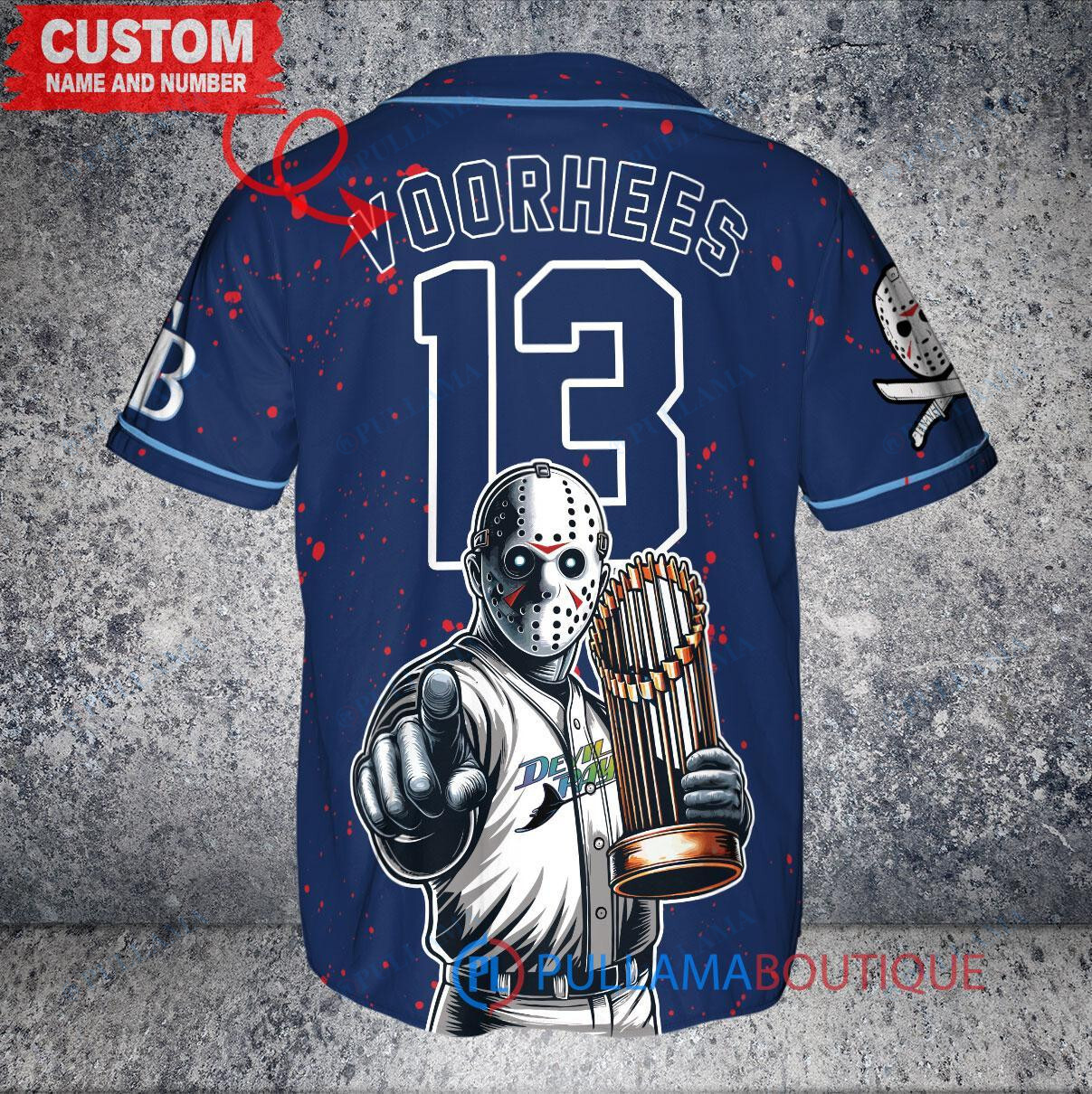 Tampa Bay Rays x Friday the 13th Jason Voorhees Halloween with World Series Trophy Custom Baseball Jersey Navy