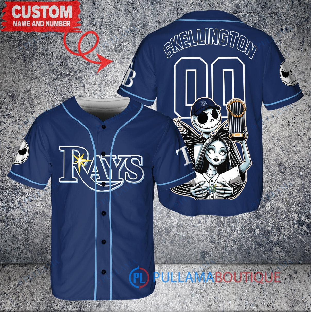 Tampa Bay Rays x Jack Skellington and Sally The Nightmare Before Christmas with World Series Trophy Custom Baseball Jersey Navy