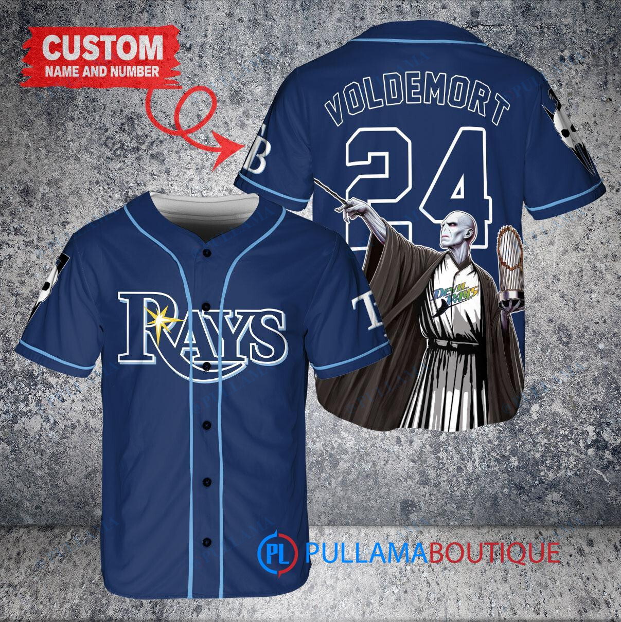 Tampa Bay Rays x Lord Voldemort Harry Potter with Trophy Custom Baseball Jersey Navy