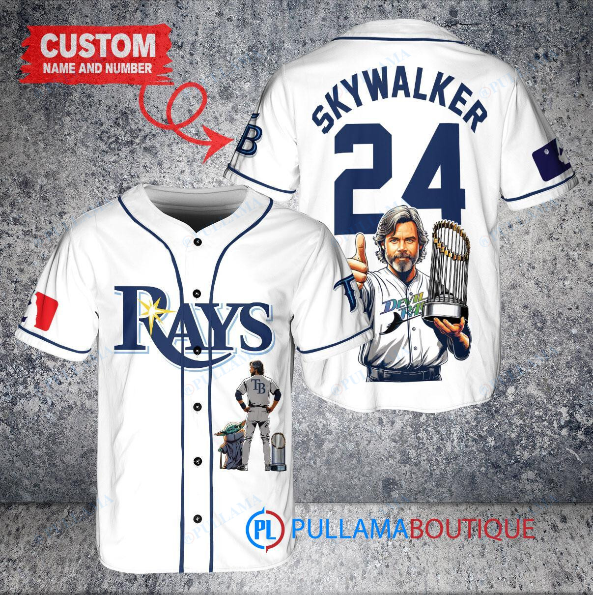 Tampa Bay Rays x Luke Skywalker Star Wars with Trophy Custom Baseball Jersey White Alternate Replica
