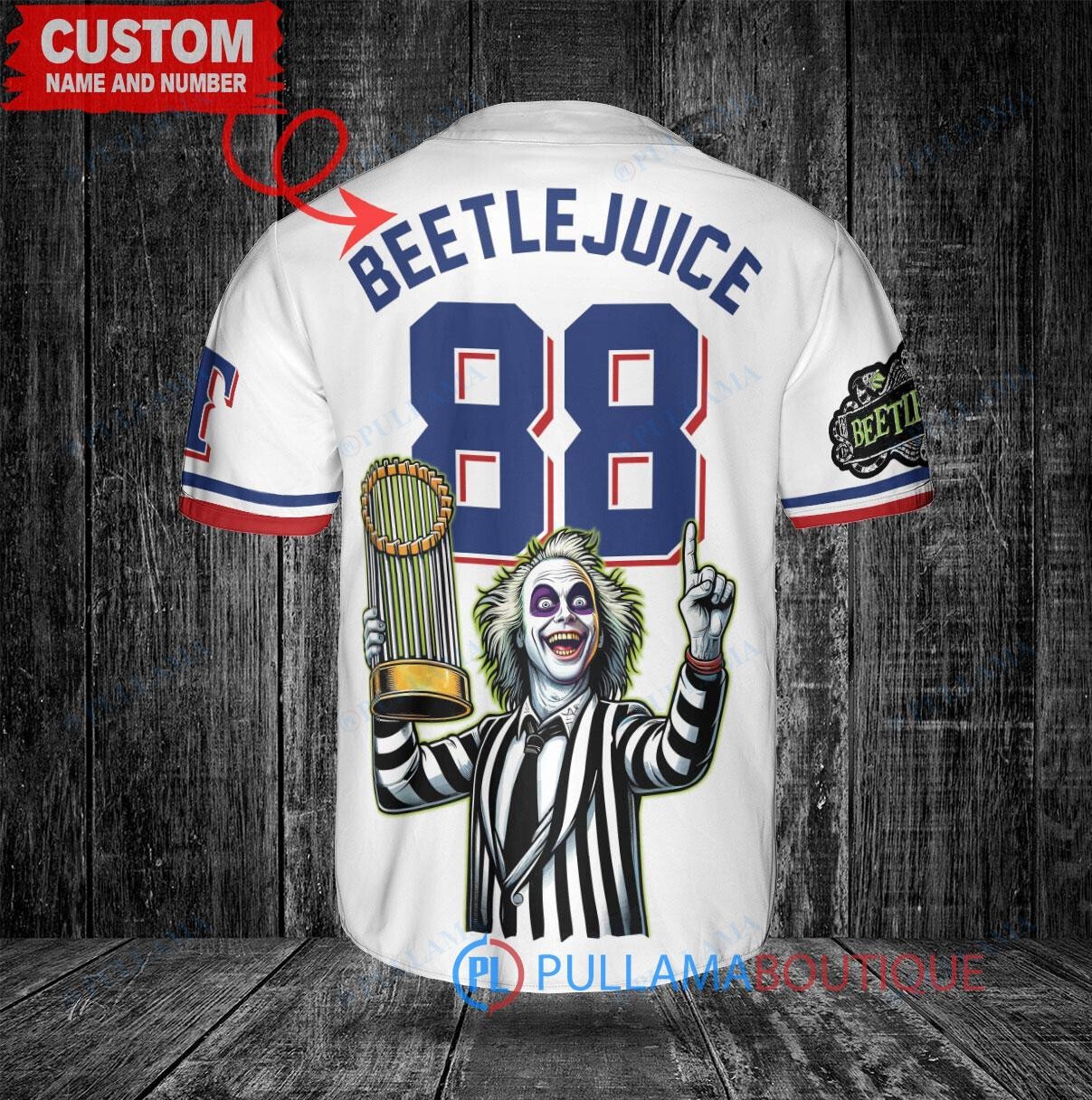 Texas Rangers Beetlejuice Halloween World Series Trophy Baseball Jersey White