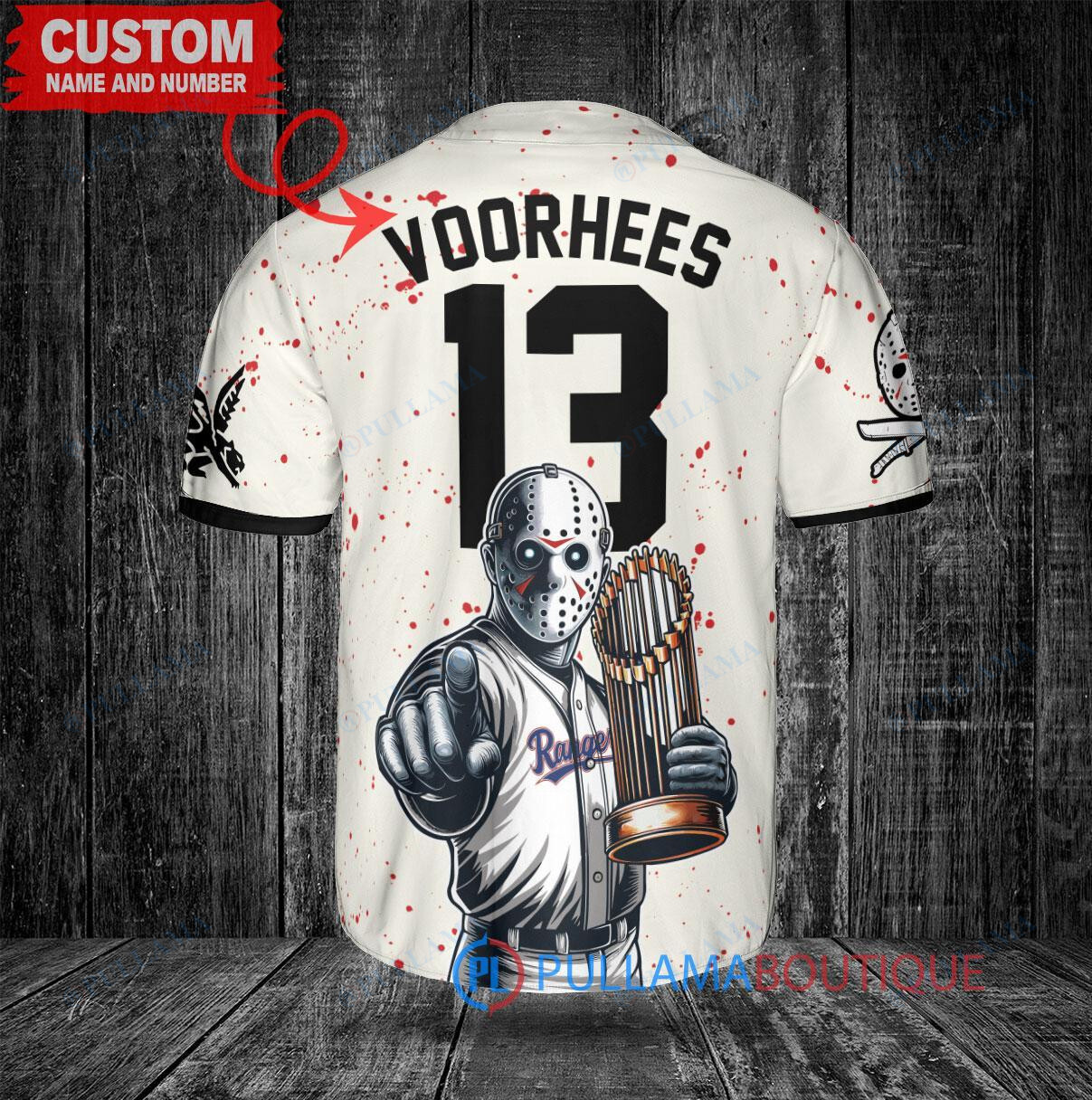 Texas Rangers x Friday the 13th Jason Voorhees Halloween with World Series Trophy Custom Baseball Jersey Cream