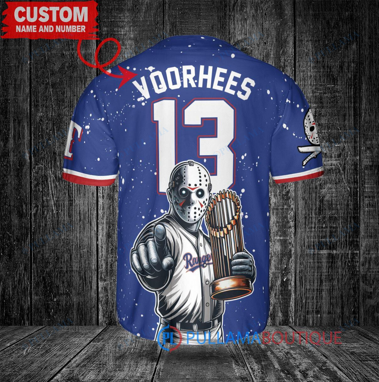 Texas Rangers x Friday the 13th Jason Voorhees Halloween with World Series Trophy Custom Baseball Jersey Royal