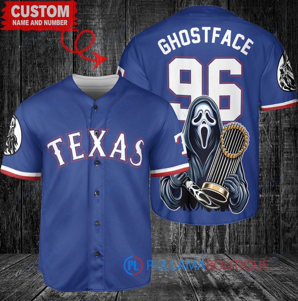 Texas Rangers x Ghostface Scream Halloween Halloween with World Series Trophy Custom Baseball Jersey Royal