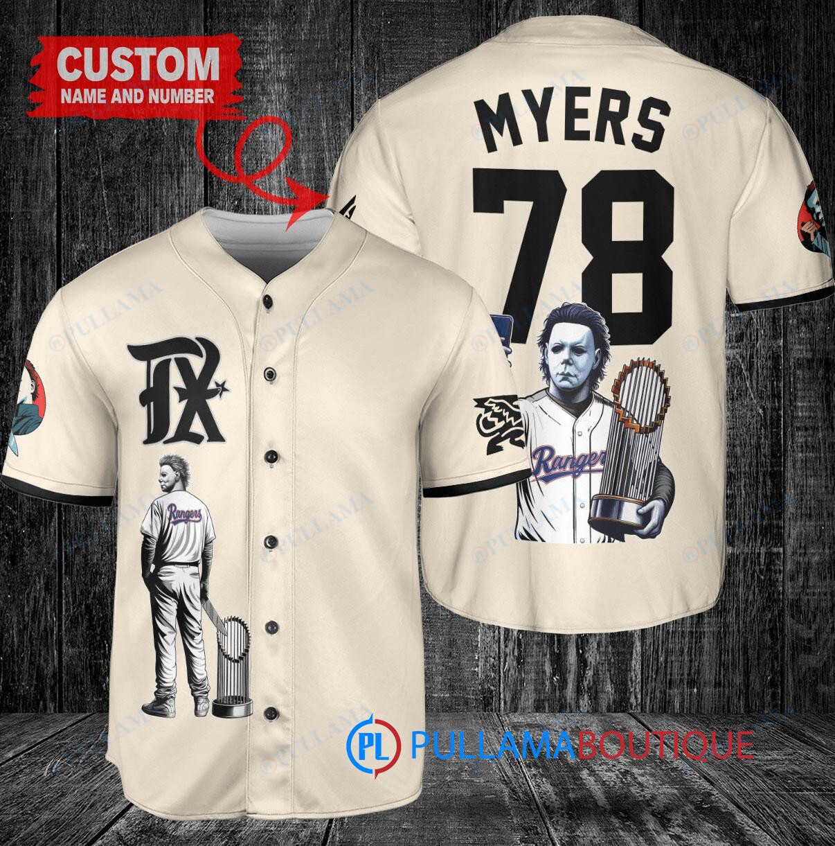 Texas Rangers x Halloween Michael Myers with Trophy Custom Baseball Jersey Cream