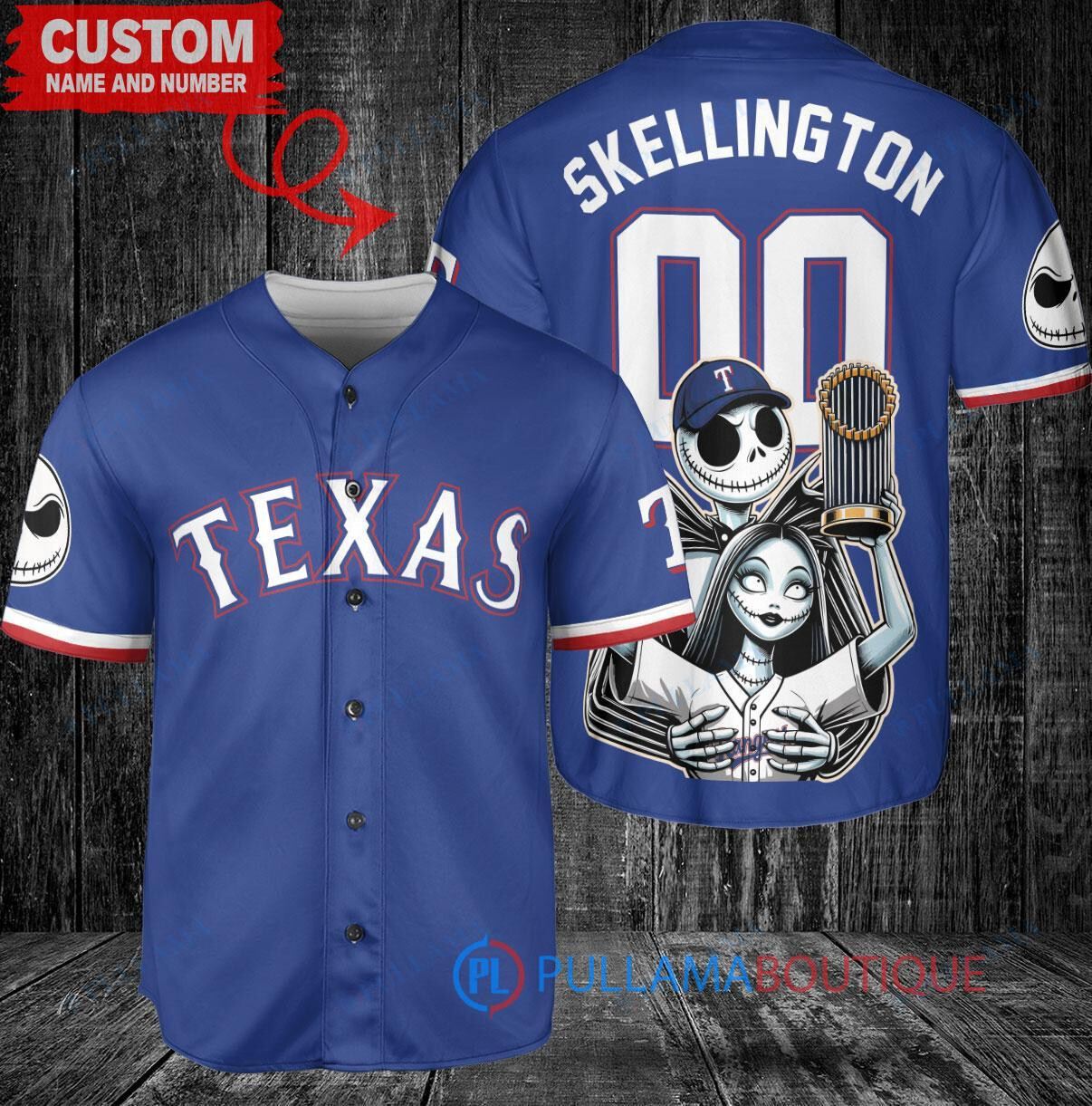 Texas Rangers x Jack Skellington and Sally The Nightmare Before Christmas with World Series Trophy Custom Baseball Jersey Royal