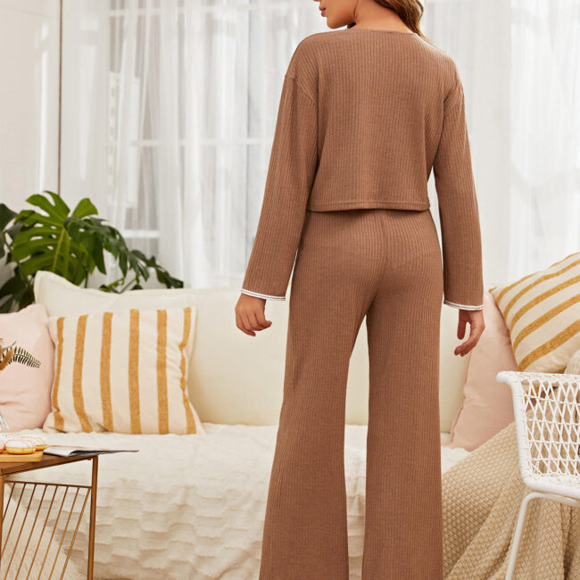Cozy Ribbed Tan Pajama Set with Long Sleeves and Drawstring Waist SP51