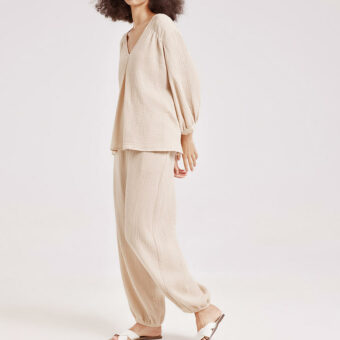 Women’s Cotton-Linen Home Wear Set with V-Neck Top and Relaxed Pants SP11