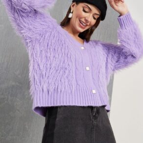 Lavender Fluffy Textured Button-Up Cardigan Sweater SP3