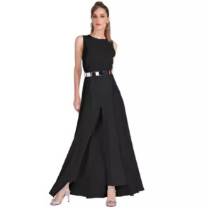 Elegant Sleeveless High-Low Dress with Metallic Belt Detail