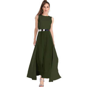 Elegant Sleeveless High-Low Dress with Metallic Belt Detail