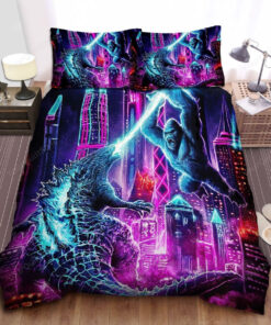 Godzilla & Kong Fighting In Neon Lights City Bed Sheets Duvet Cover Bedding Sets