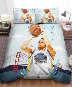Golden State Warriors Stephen Curry 3 Point Shot Illustration Bed Sheet Duvet Cover Bedding Sets