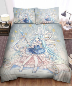 Hatsune Miku With Rabbit Yukine & Gold Snowflakes Bed Sheets Duvet Cover Bedding Sets