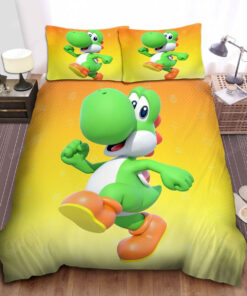 Super Mario Cute Yoshi 3d Illustration On Yellow Bed Sheets Duvet Cover Bedding Sets