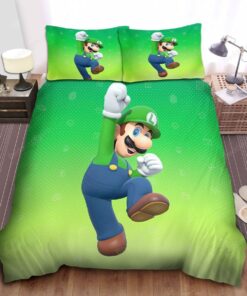 Super Mario Luigi Jumping In Fading Green Background Bed Sheets Duvet Cover Bedding Sets