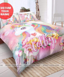 Unicorn Pink Pastel For Girls Custom Name Duvet Cover Bedding Set