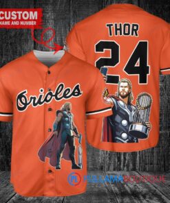 Baltimore Orioles x Thor Marvel with Trophy Custom Baseball Jersey Orange