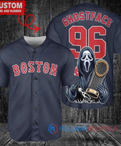 Boston Red Sox x Ghostface Scream Halloween Halloween with World Series Trophy Custom Baseball Jersey Navy