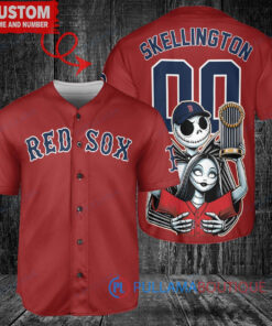 Boston Red Sox x Jack Skellington and Sally The Nightmare Before Christmas with World Series Trophy Custom Baseball Jersey Red