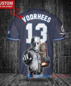 Chicago Cubs x Friday the 13th Jason Voorhees Halloween with World Series Trophy Custom Baseball Jersey Navy