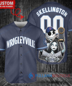 Chicago Cubs x Jack Skellington and Sally The Nightmare Before Christmas with World Series Trophy Custom Baseball Jersey Navy
