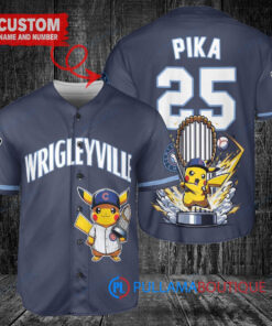Chicago Cubs x Pikachu Pokemon with Trophy Custom Baseball Jersey Navy