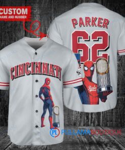 Cincinnati Reds x Marvel Spiderman with Trophy Custom Baseball Jersey Gray