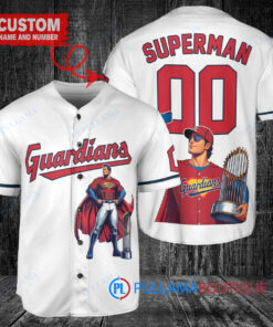 Cleveland Guardians x Superman DC Comics with Trophy Custom Baseball Jersey White