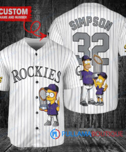 Colorado Rockies x The Simpsons Bart Simpson, Homer Simpson, Lisa Simpson with Trophy Custom Baseball Jersey White