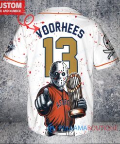Houston Astros x Friday the 13th Jason Voorhees Halloween with World Series Trophy Custom Baseball Jersey White