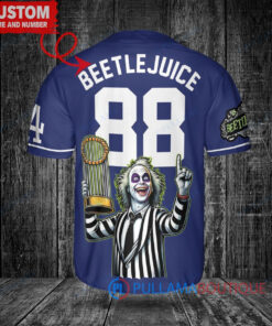 Los Angeles Dodgers x Beetlejuice Halloween with World Series Trophy Custom Baseball Jersey Navy
