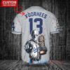 Los Angeles Dodgers x Friday the 13th Jason Voorhees Halloween with World Series Trophy Custom Baseball Jersey Gray