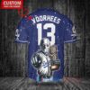 Los Angeles Dodgers x Friday the 13th Jason Voorhees Halloween with World Series Trophy Custom Baseball Jersey Navy