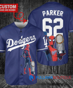 Los Angeles Dodgers x Marvel Spiderman with Trophy Custom Baseball Jersey Navy