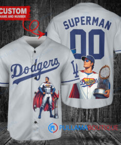 Los Angeles Dodgers x Superman DC Comics with Trophy Custom Baseball Jersey Gray